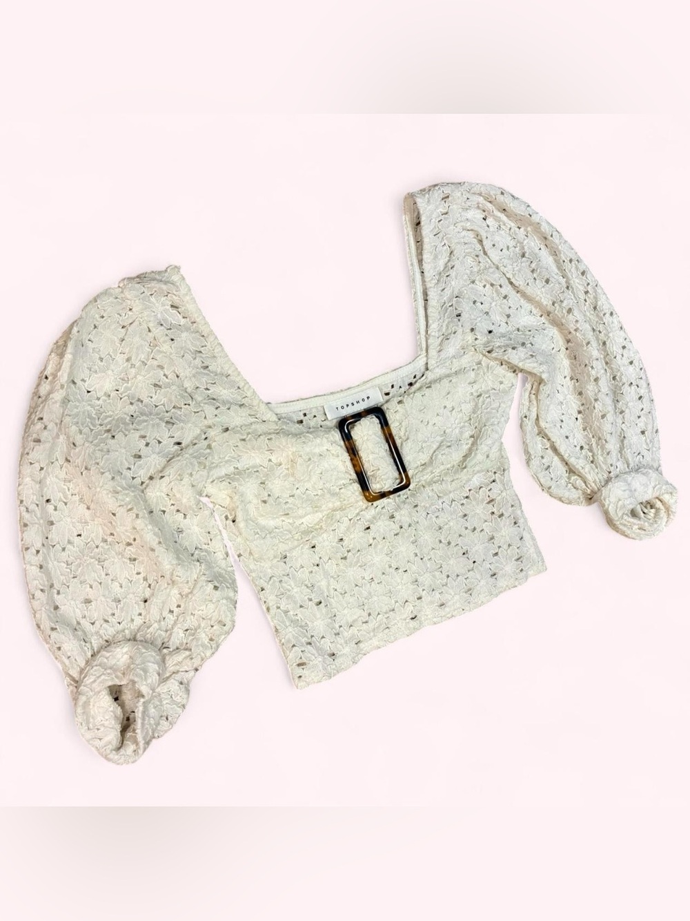 TOPSHOP Cream Lace Puff-Sleeve Blouse with Tortoiseshell Buckle
